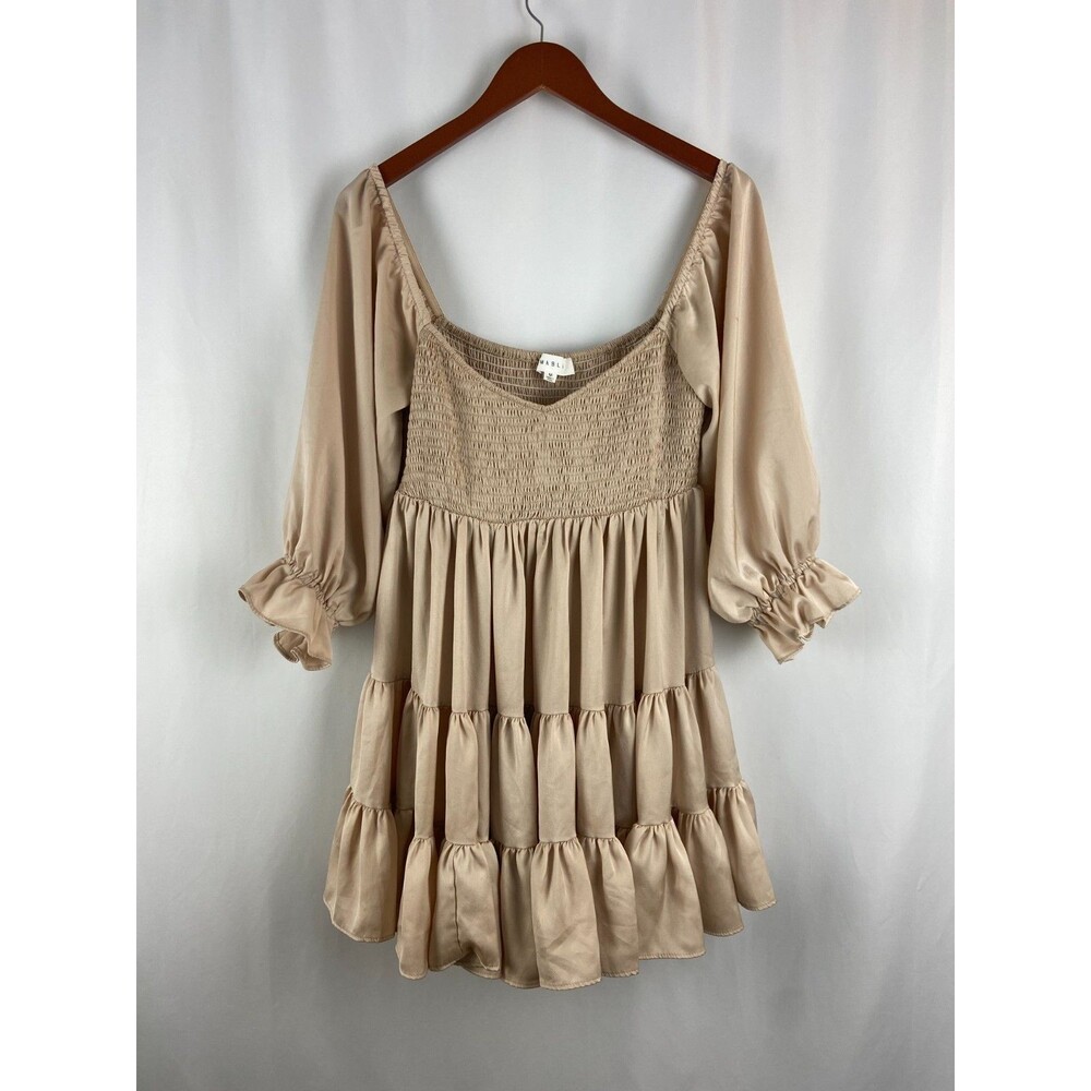 Mable Size M Babydoll Beige Cream Smocked Ruffle Mini Dress Stretch Party STAINS - Picture 2 of 12